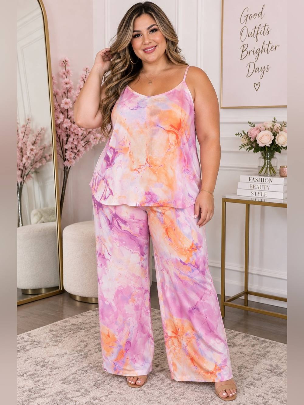 Tie-Dye Marble Cami & Wide-Leg Lounge Set - Pink Orange 1XL